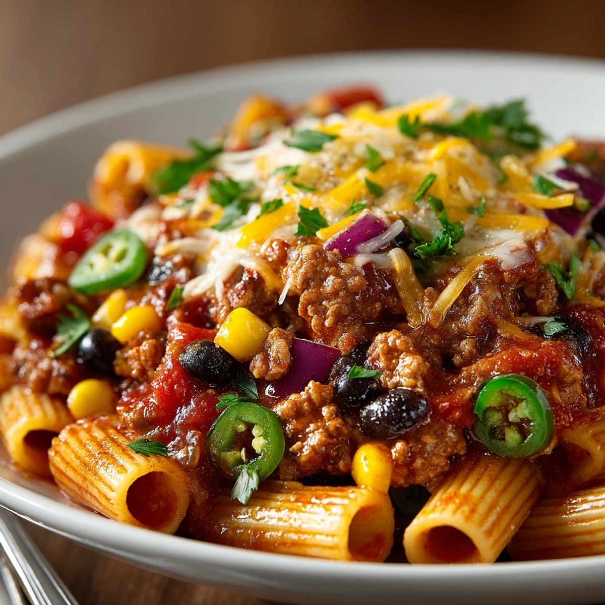 One-pan Turkey Taco Pasta Skillet—creamy, cheesy, and ready in 30 minutes for weeknight dinner.