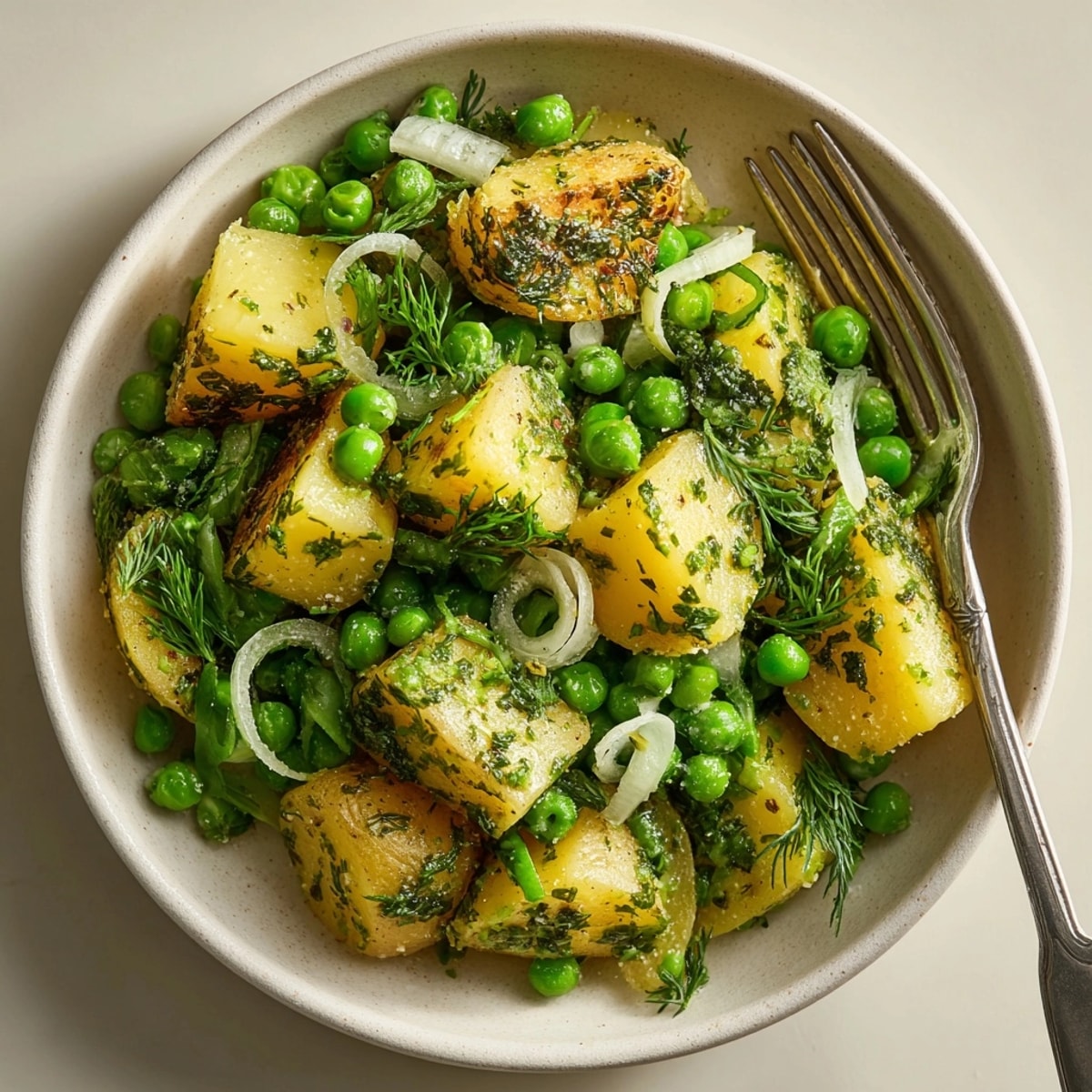 Close-up of Spring Pea &amp; Herbed Potato Salad, ready for a fresh spring picnic.