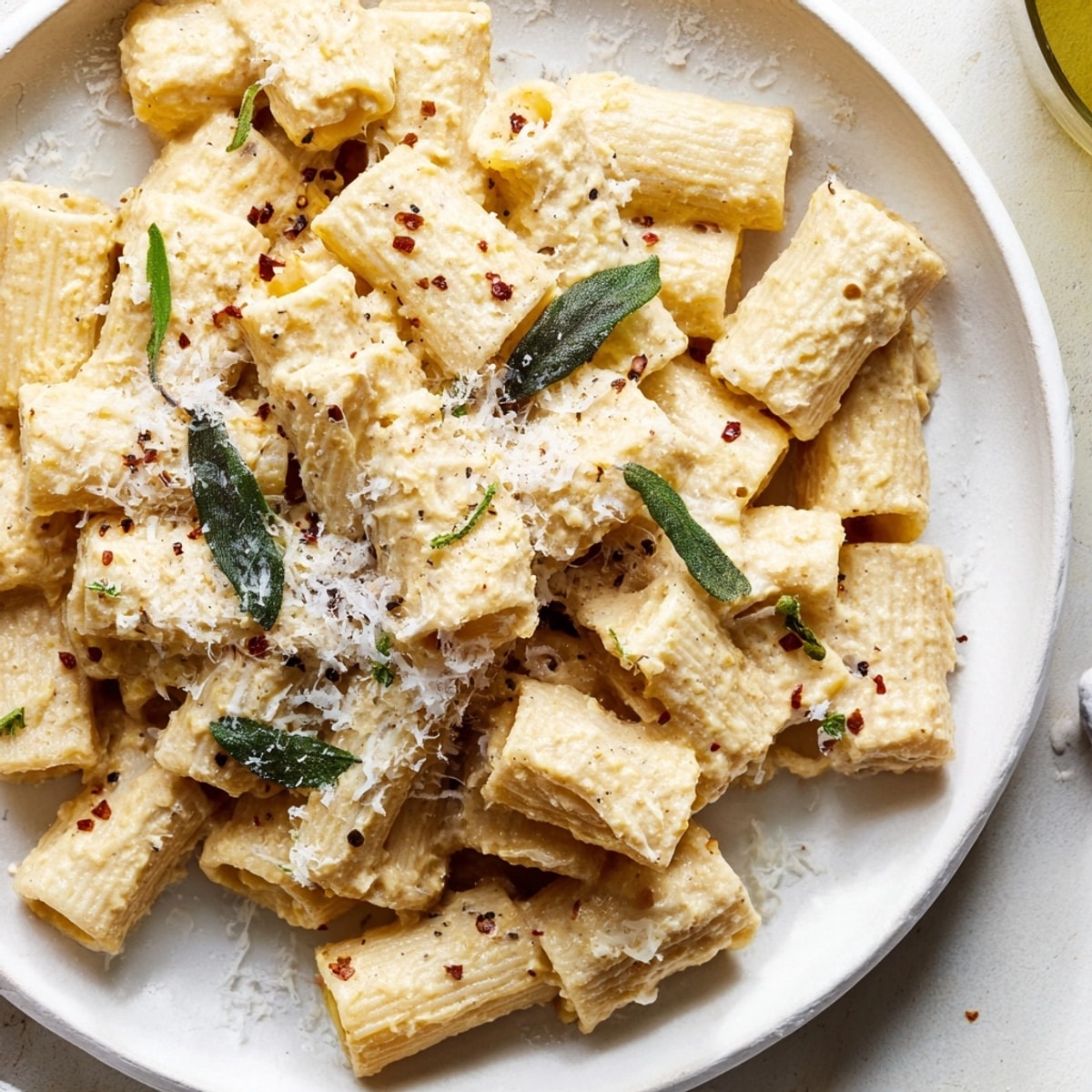Close-up of Whipped Ricotta Pumpkin Pasta, garnished with fresh sage and grated Parmesan.