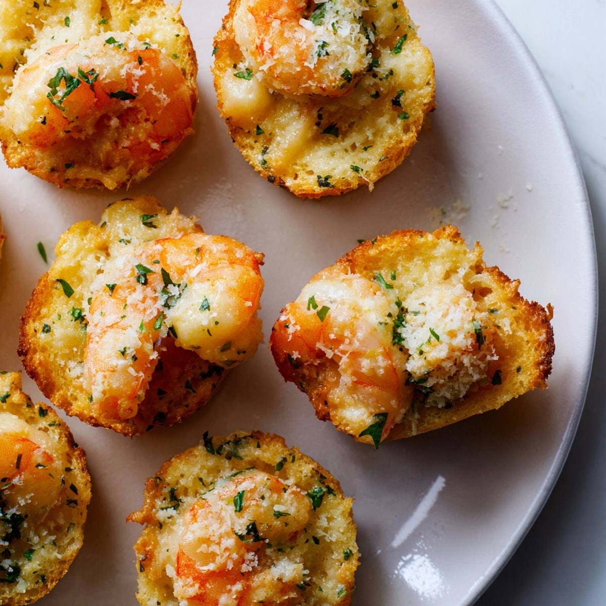 Golden Shrimp Parmesan Toast Cups baking, bubbly cheese and fragrant garlic aroma.