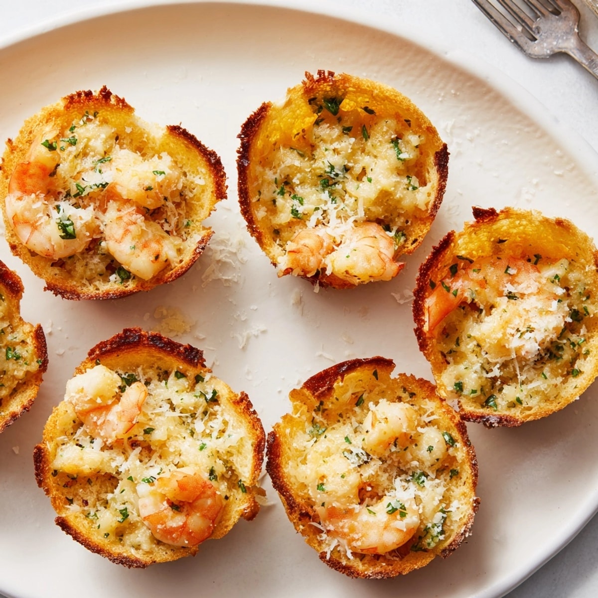 Creamy Shrimp Parmesan Toast Cups: bite-sized appetizers with flaky crusts and rich filling.