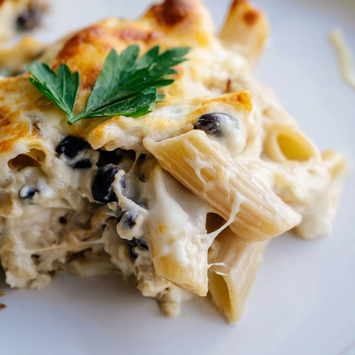Creamy Alfredo Black Bean Pasta Bake: close-up reveals layers of beans, pasta, cheese.