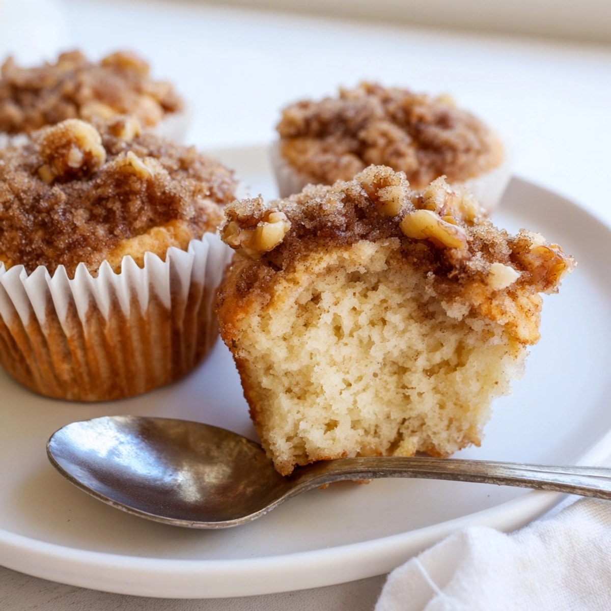 Golden brown cinnamon nut streusel muffins, fresh from the oven, ready to eat.