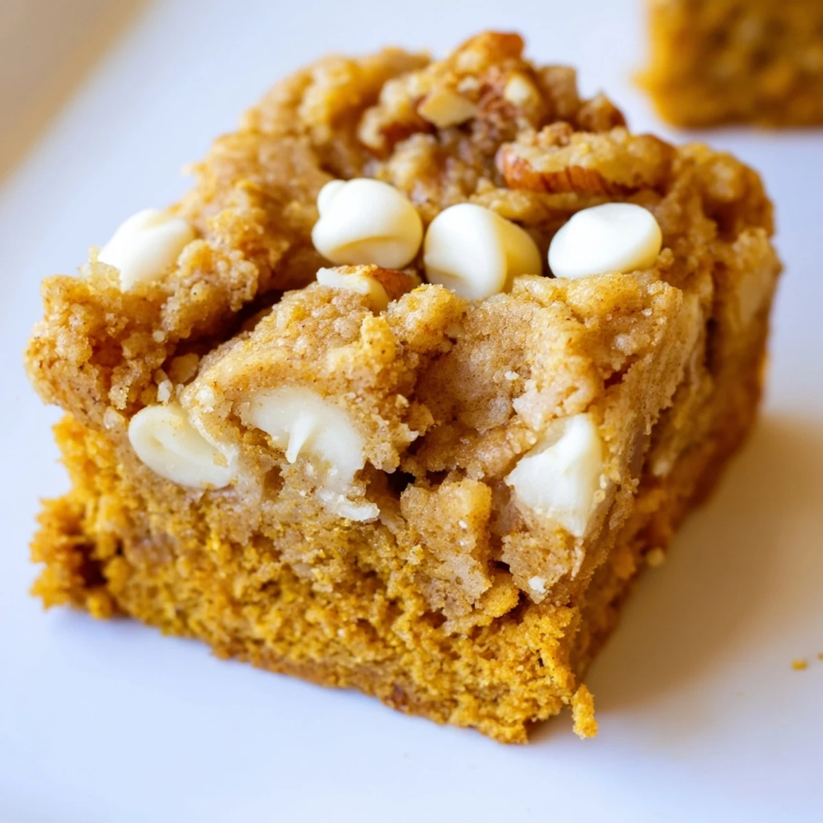 Tender, chewy pumpkin muffin blondie bars sprinkled with chopped pecans for crunch.
