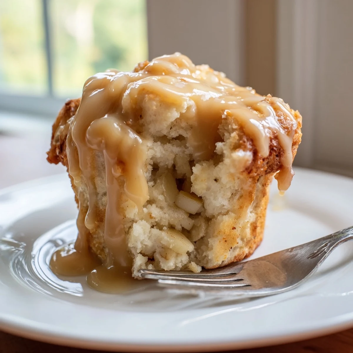 Moist caramel apple scone muffins drizzled with creamy caramel glaze for indulgent breakfasts.  