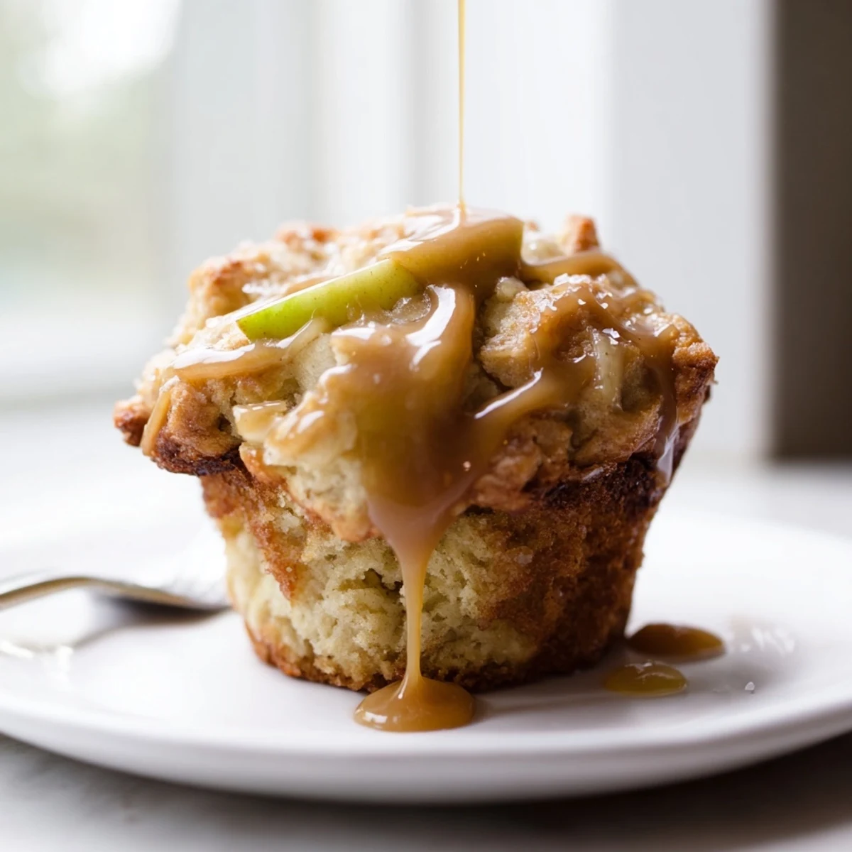 Freshly baked caramel apple scone muffins, warm, tender, and topped with rich caramel glaze.  