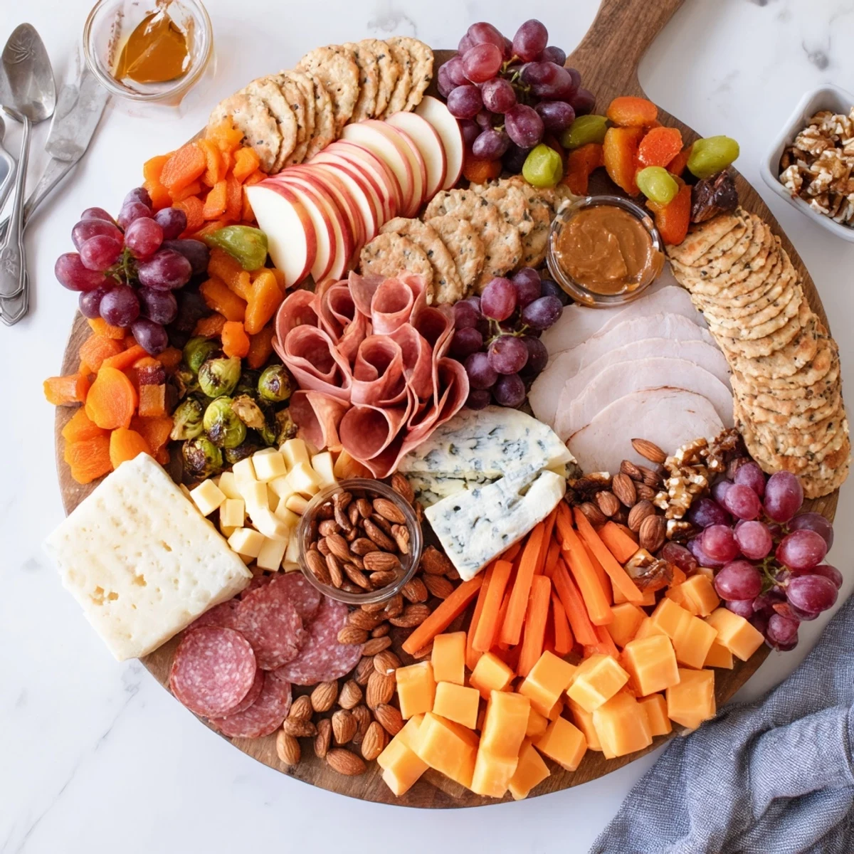 A colorful Loaded Harvest Charcuterie Board with seasonal fruits and meats.  