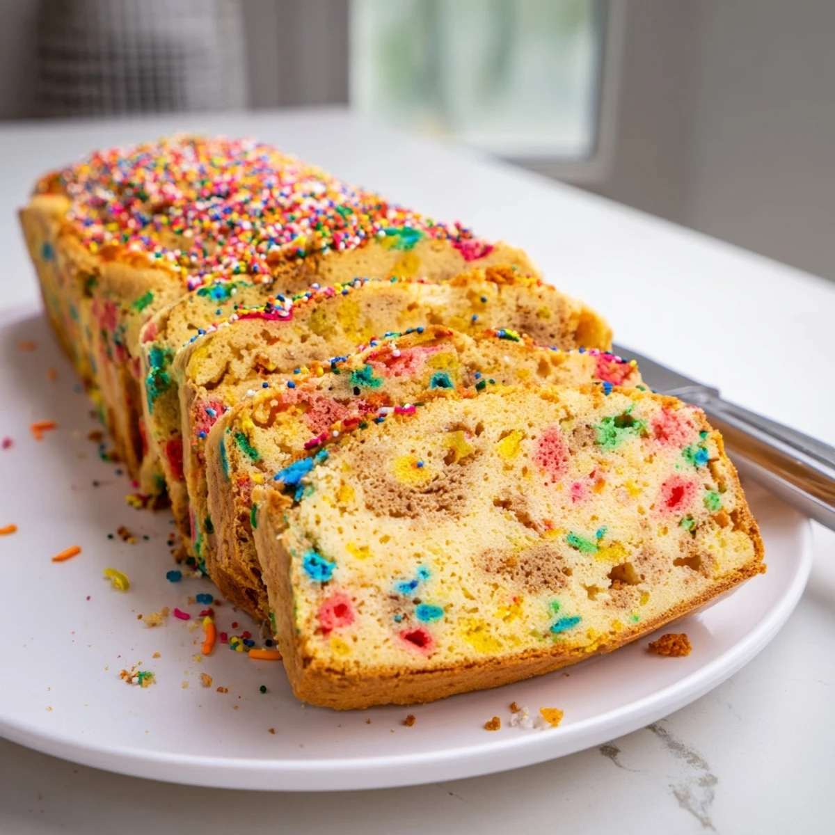 Festive Funfetti Chai Biscuit Cake Loaf topped with colorful sprinkles and spices.  