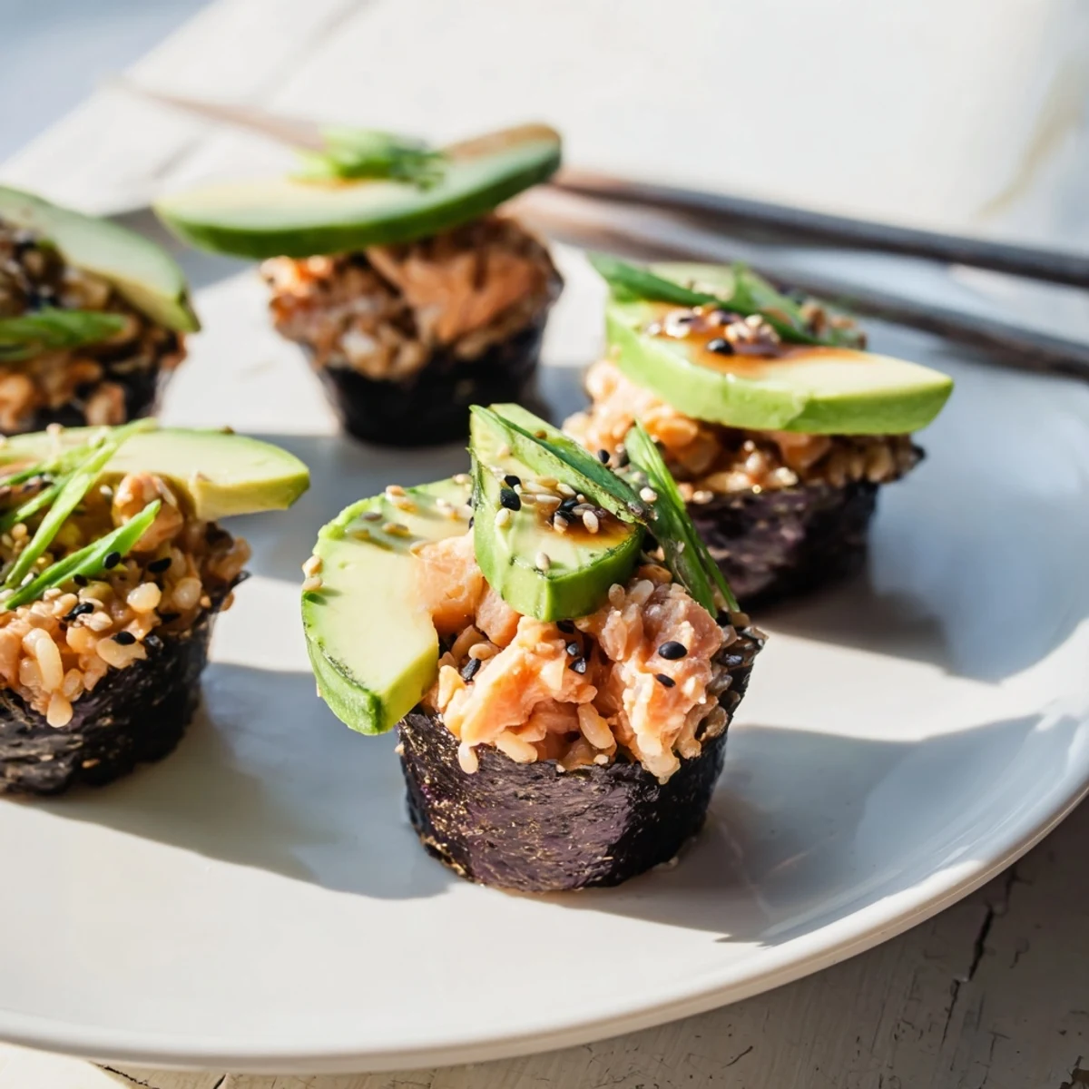 Muffin Tin Sushi Cups offer a delicious blend of salmon and seasoned rice.  