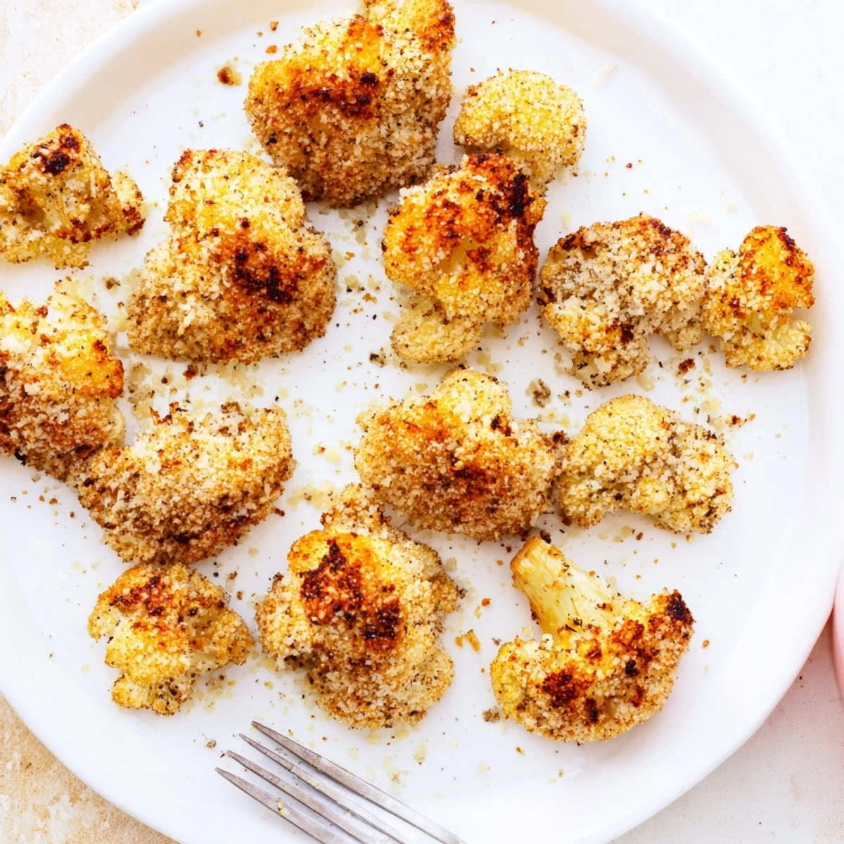 Crispy Parmesan Cauliflower Bites drizzled with melted butter and spices, golden brown.  