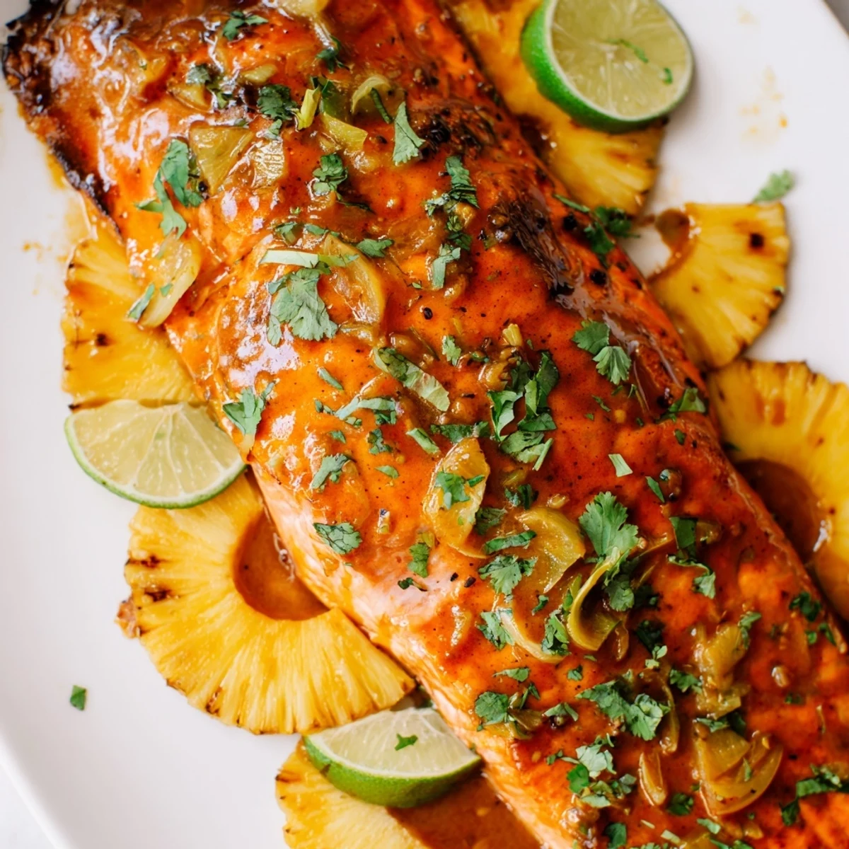 Baked pineapple salmon with sweet chili sauce, garnished with fresh cilantro and lime.  