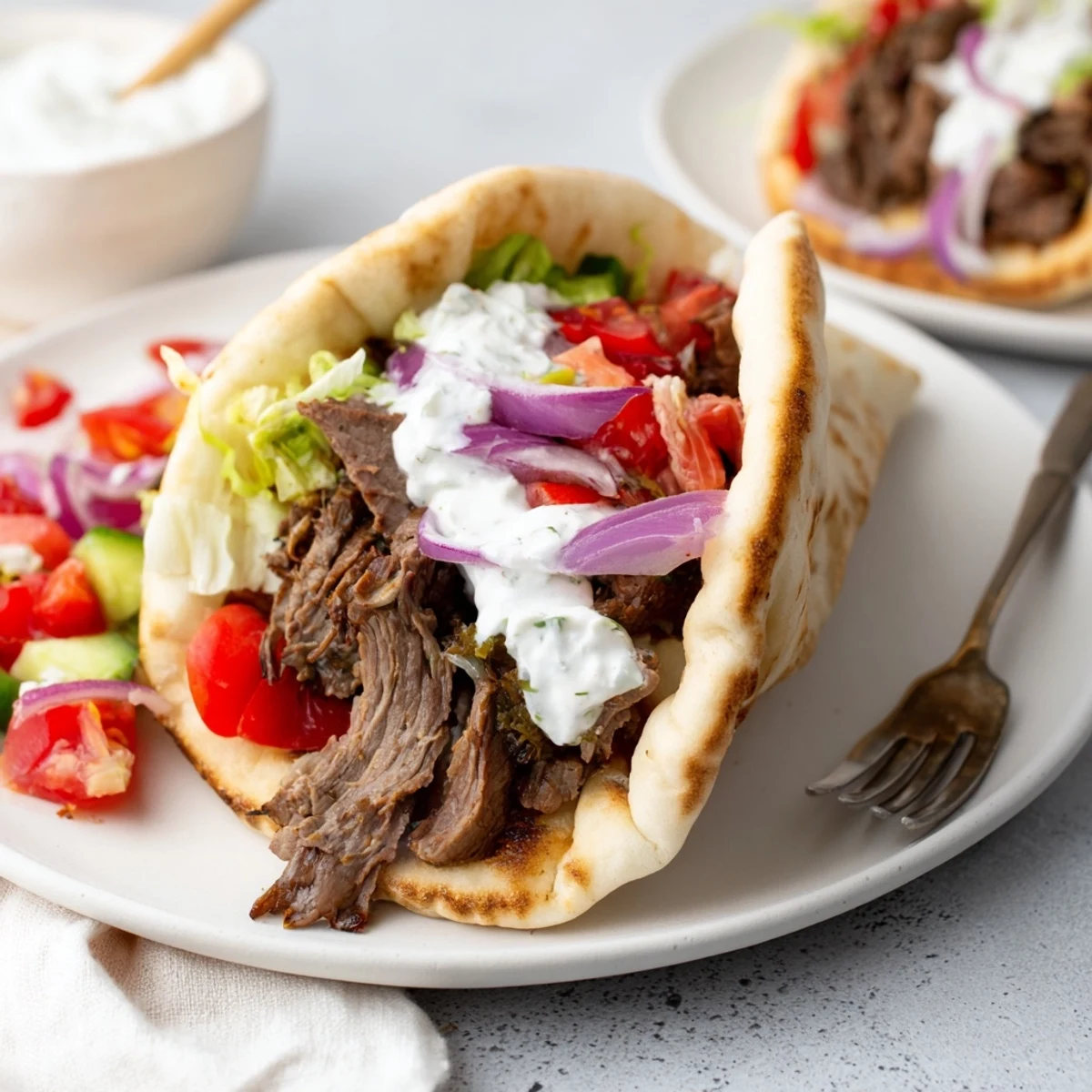 Slow Cooker Beef Gyros piled high with fresh veggies and creamy tzatziki sauce.  