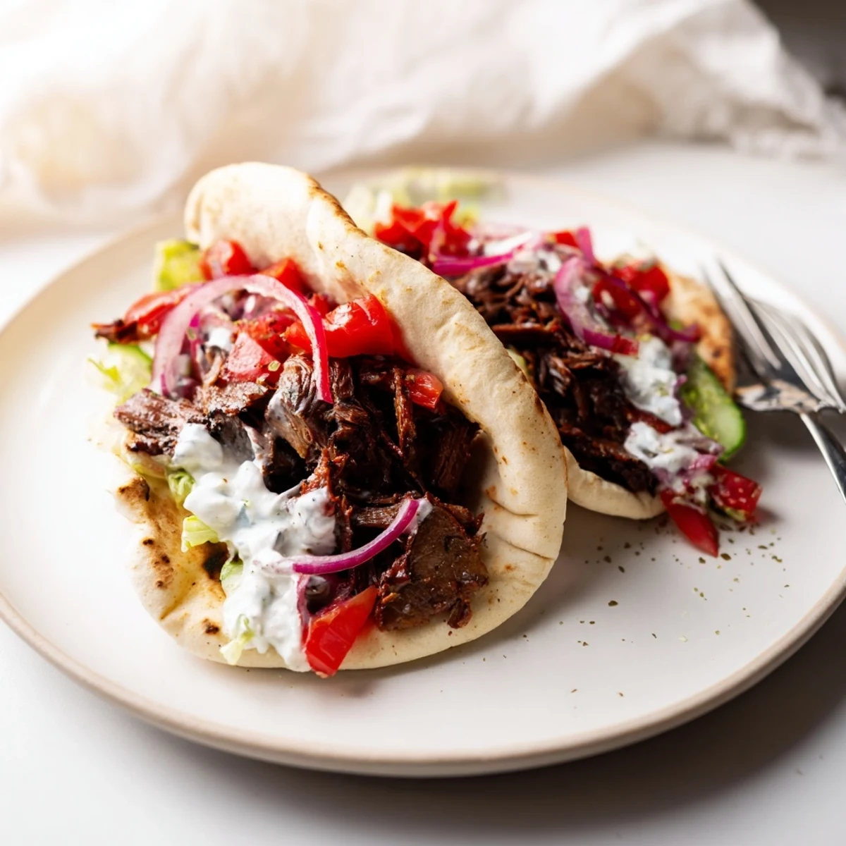 Savory Slow Cooker Beef Gyros garnished with diced cucumbers and onions in pitas.
