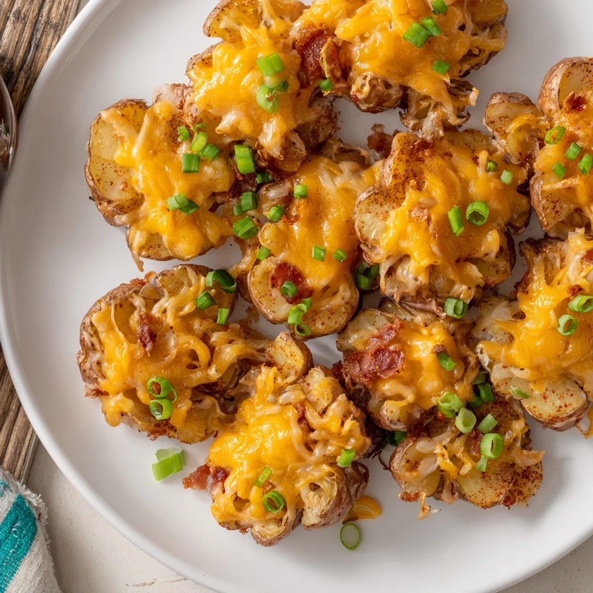 Crispy smashed green onion potato bombs topped with melted cheese and fresh herbs.  