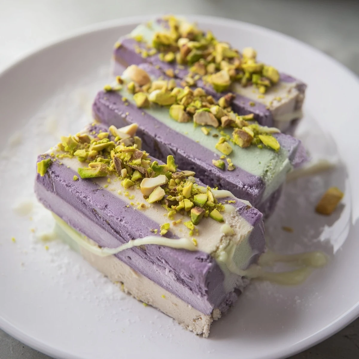 Creamy ube & pistachio ice cream bars drizzled with sweetened condensed milk.  