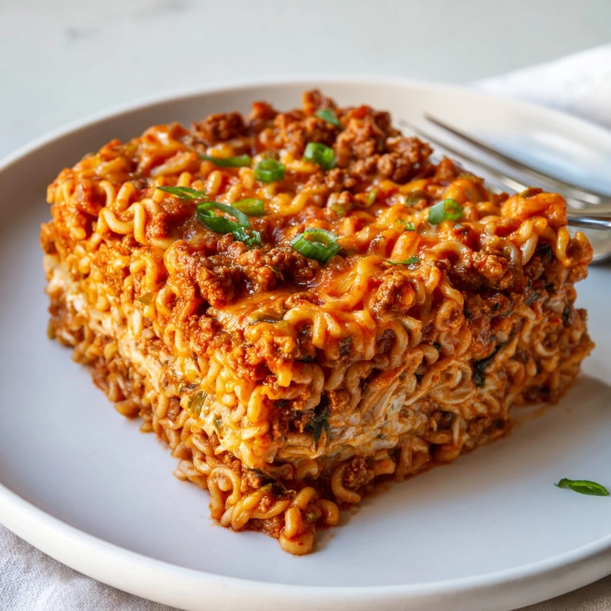 Spicy Ramen Lasagna topped with bubbling cheese, perfect for a cozy dinner night.  