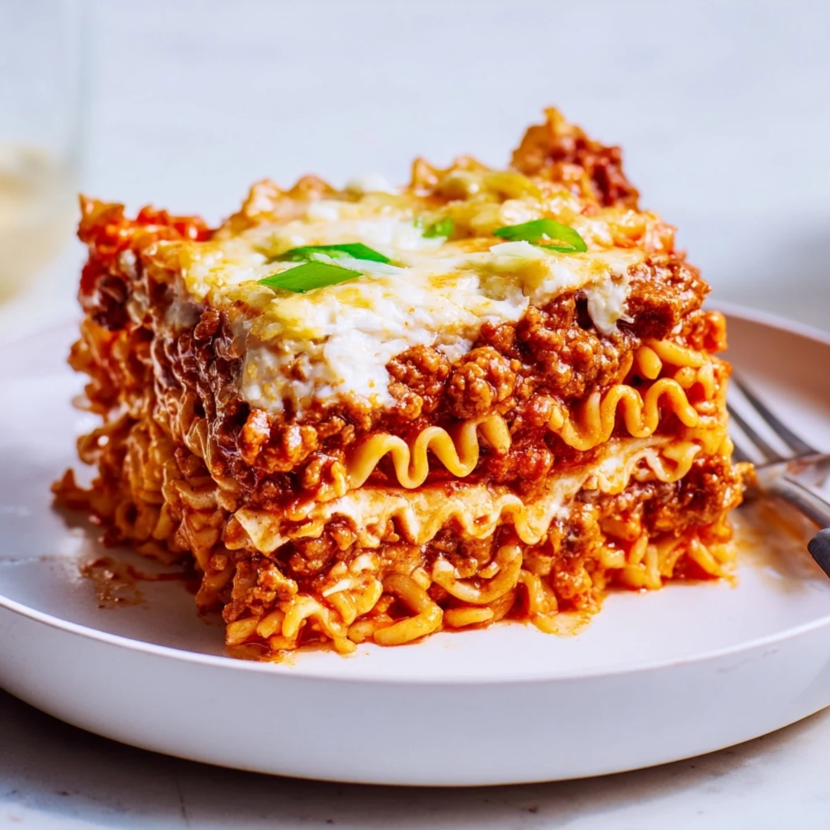 Mouthwatering Spicy Ramen Lasagna garnished with green onions, ideal for any gathering.