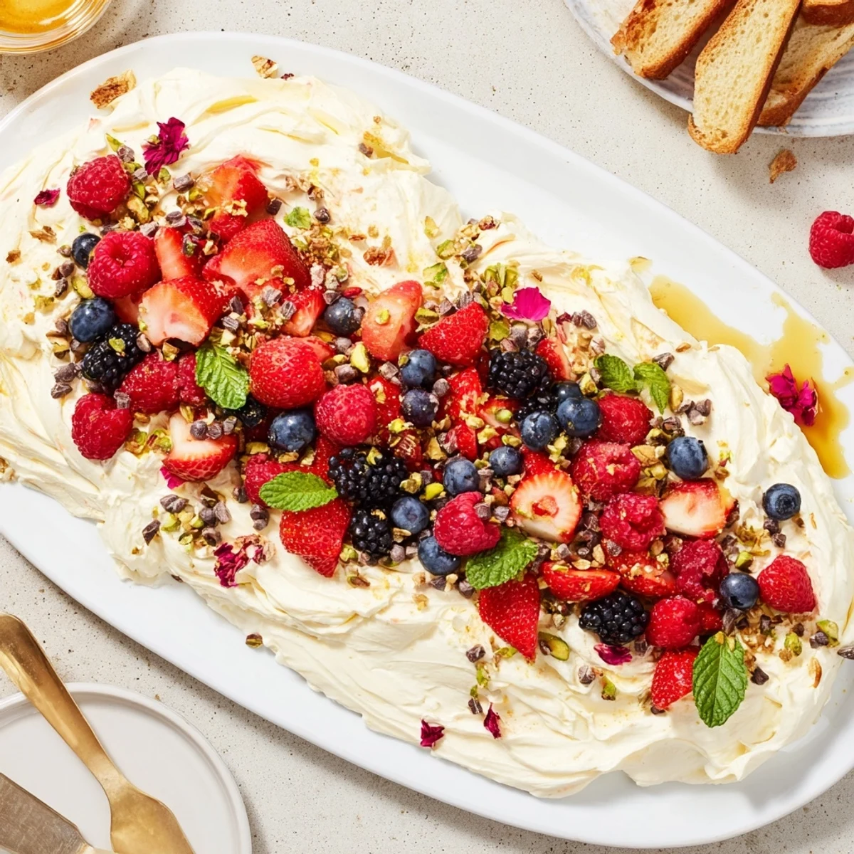Delightful butter board dessert with creamy whipped cheese and vibrant berry toppings.