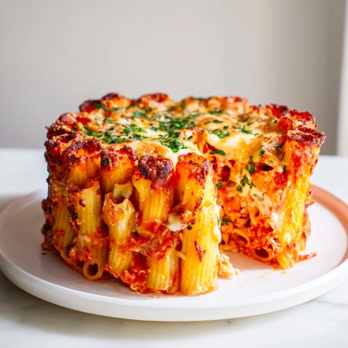 Baked Honeycomb Pasta Cake stacked with rich sauce, creamy cheese, and fresh parsley.  