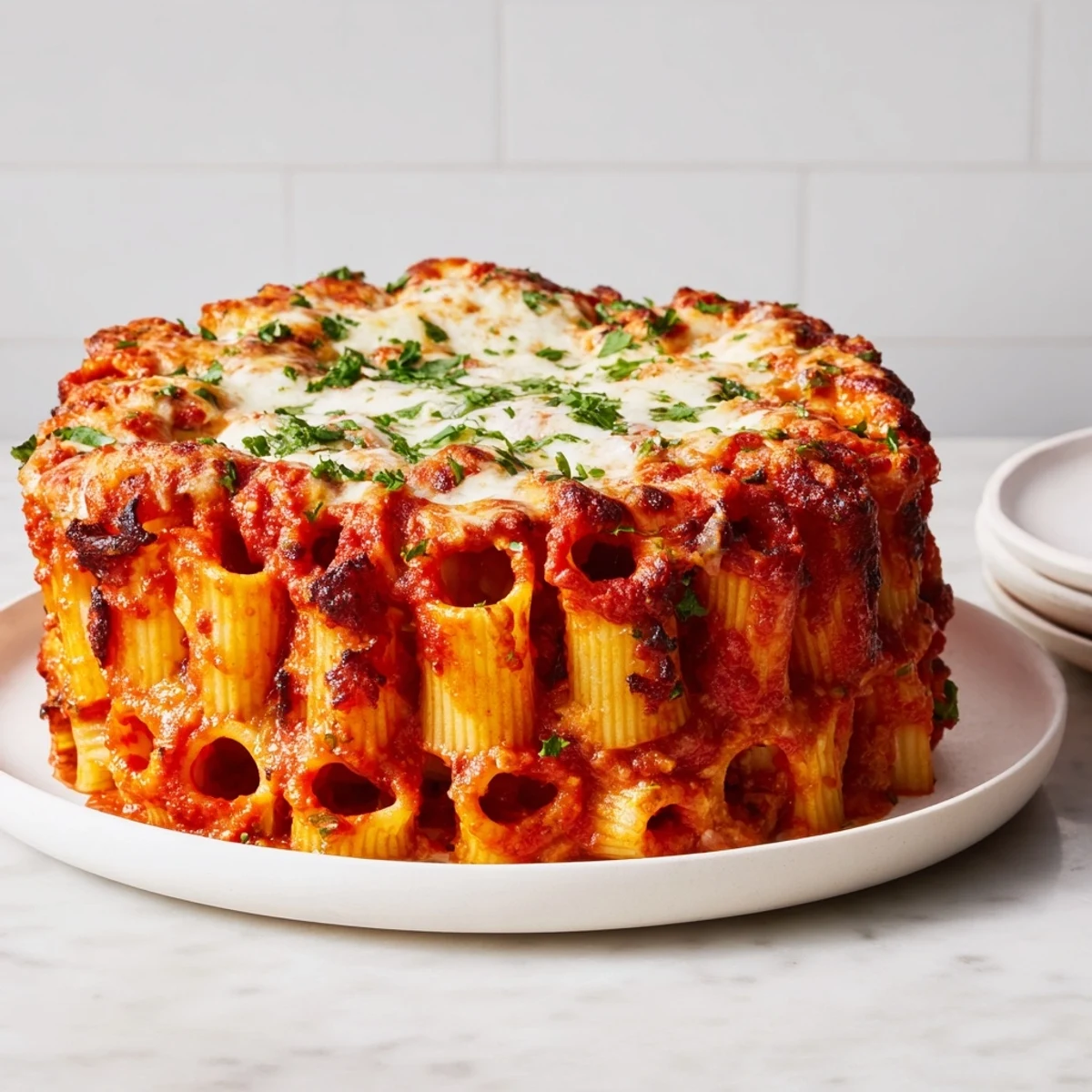 Satisfying Honeycomb Pasta Cake featuring upright rigatoni, indulgent ricotta, and golden cheese topping.