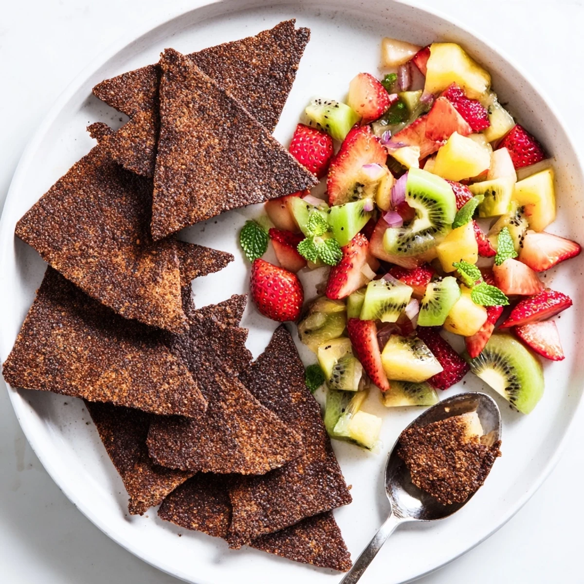 Homemade chocolate chips served with colorful fruit salsa, a playful party treat.