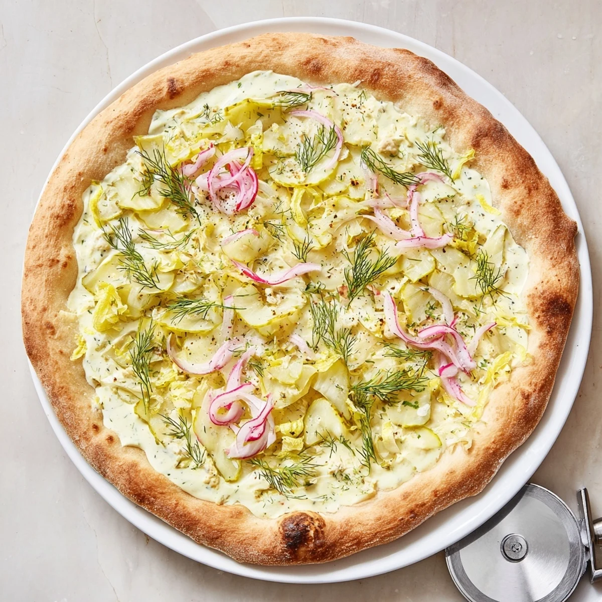 Tangy pickle pizza topped with creamy sauce, mozzarella, and crunchy pickles.  
