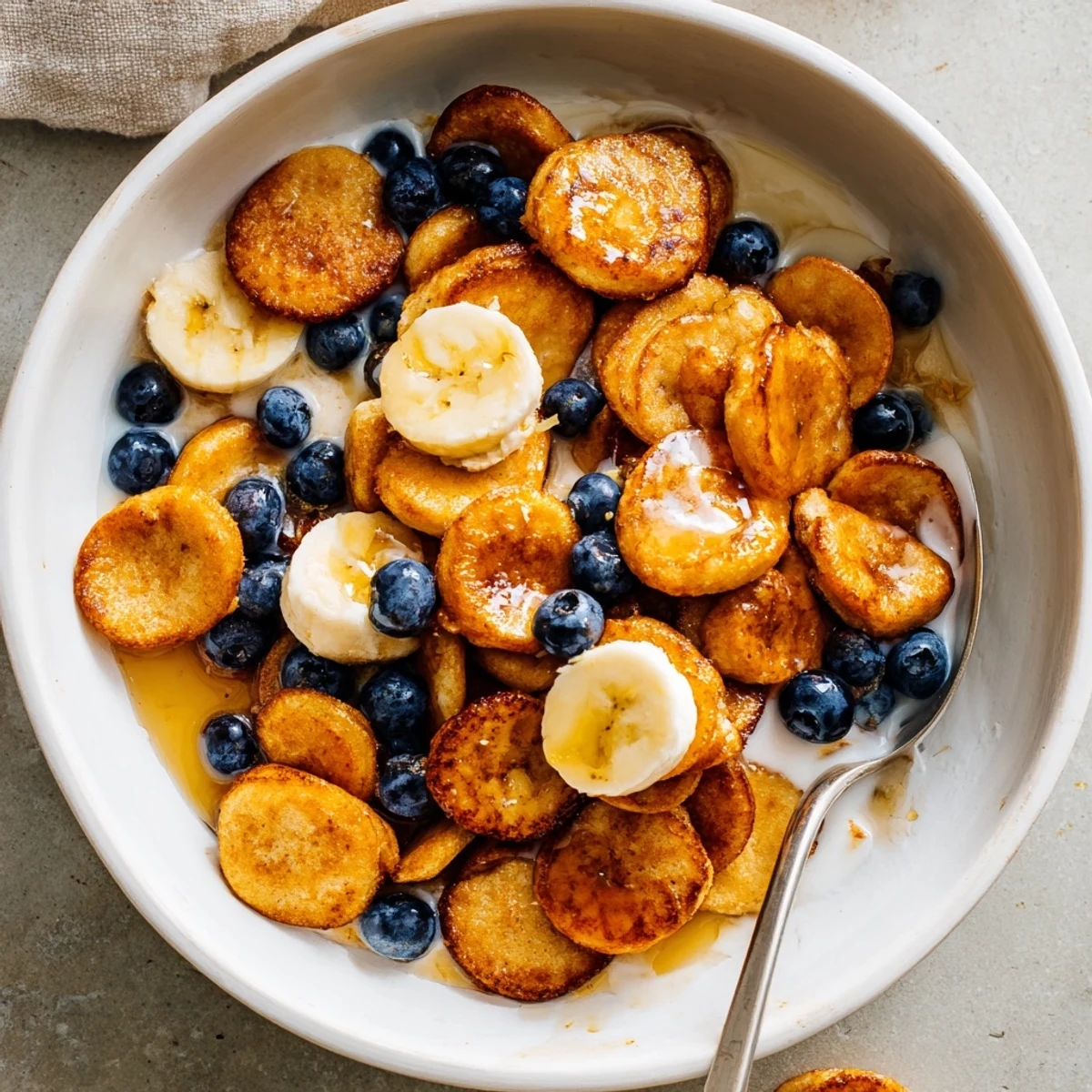 Adorable mini pancake cereal served warm with fresh berries and maple syrup.  