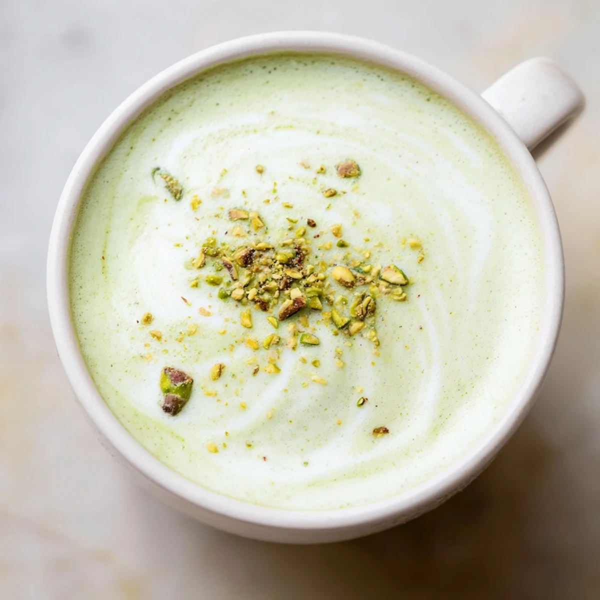 Creamy pistachio milk latte topped with crushed pistachios and frothy foam.  