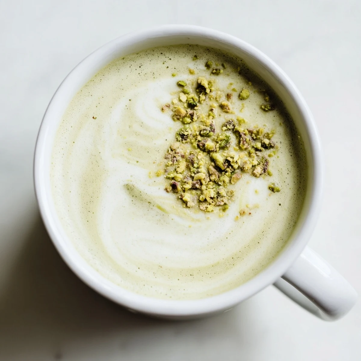 Homemade pistachio milk latte, warm and nutty, perfect for cozy mornings.  