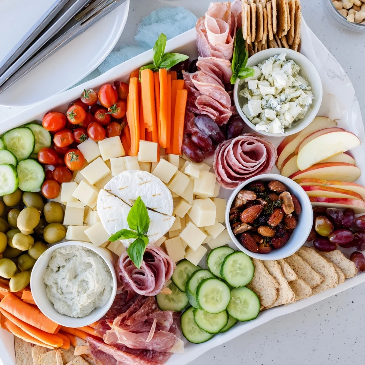 Enjoy a fun Girl Dinner Platter featuring assorted cheeses, nuts, and vibrant veggies.  