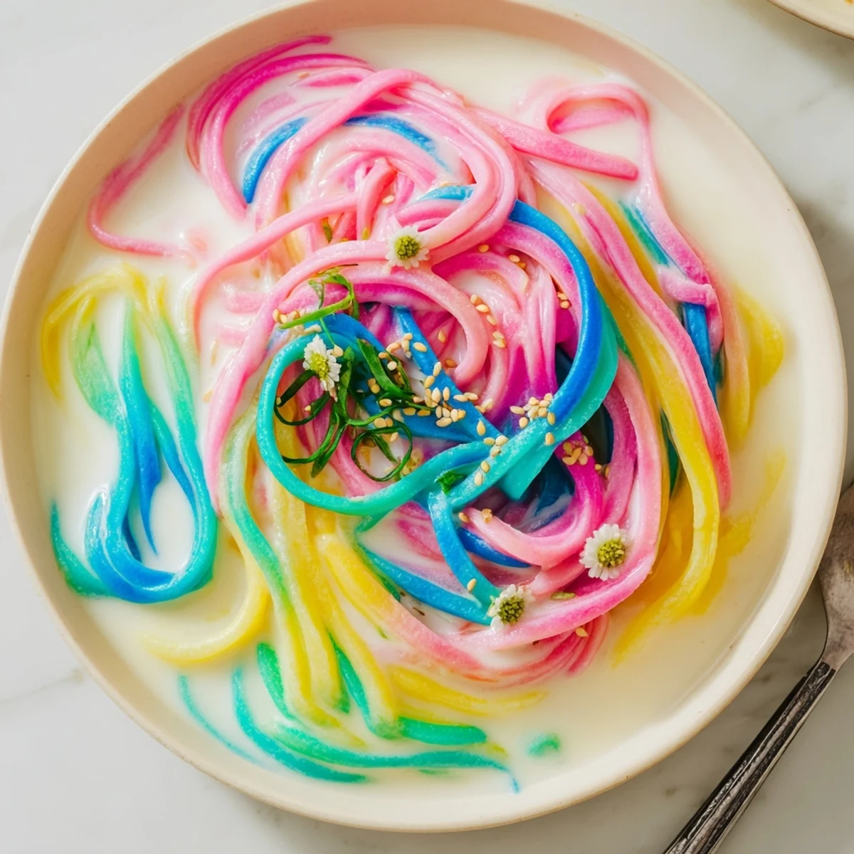 Vibrant Neon Noodle Cloud served in a creamy sauce, perfect for festive gatherings.  