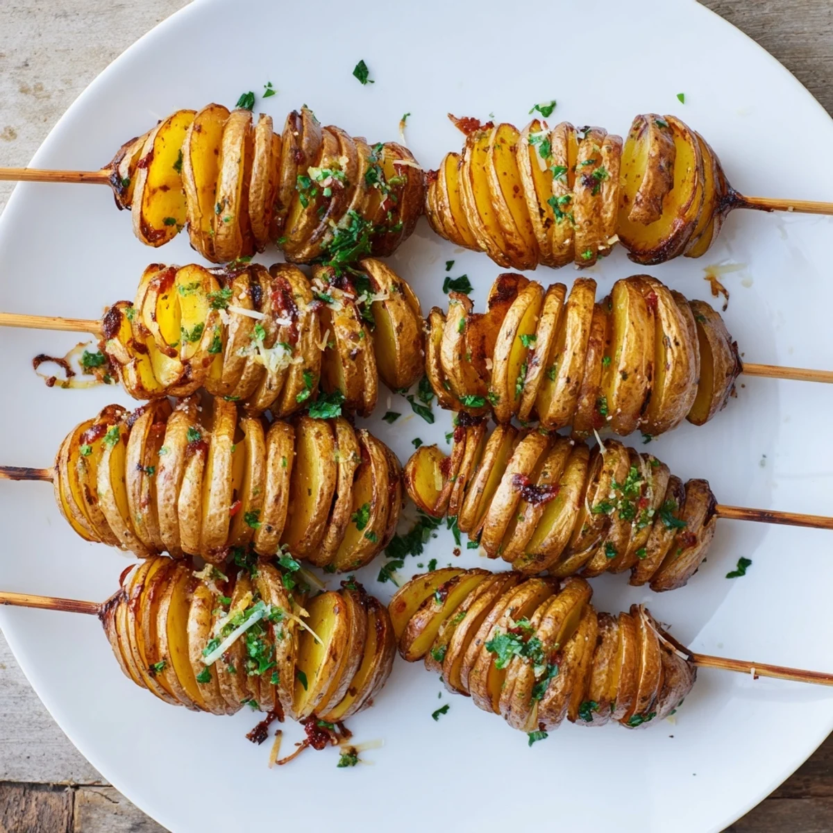 Golden-brown air-fryer tornado potatoes, garnished with Parmesan and herbs for extra zest.