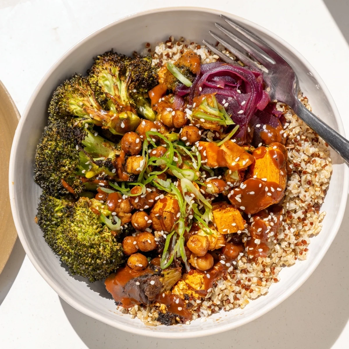 Vibrant Bold Sauce Drizzle Bowls featuring colorful roasted veggies and rich miso-butter sauce.  