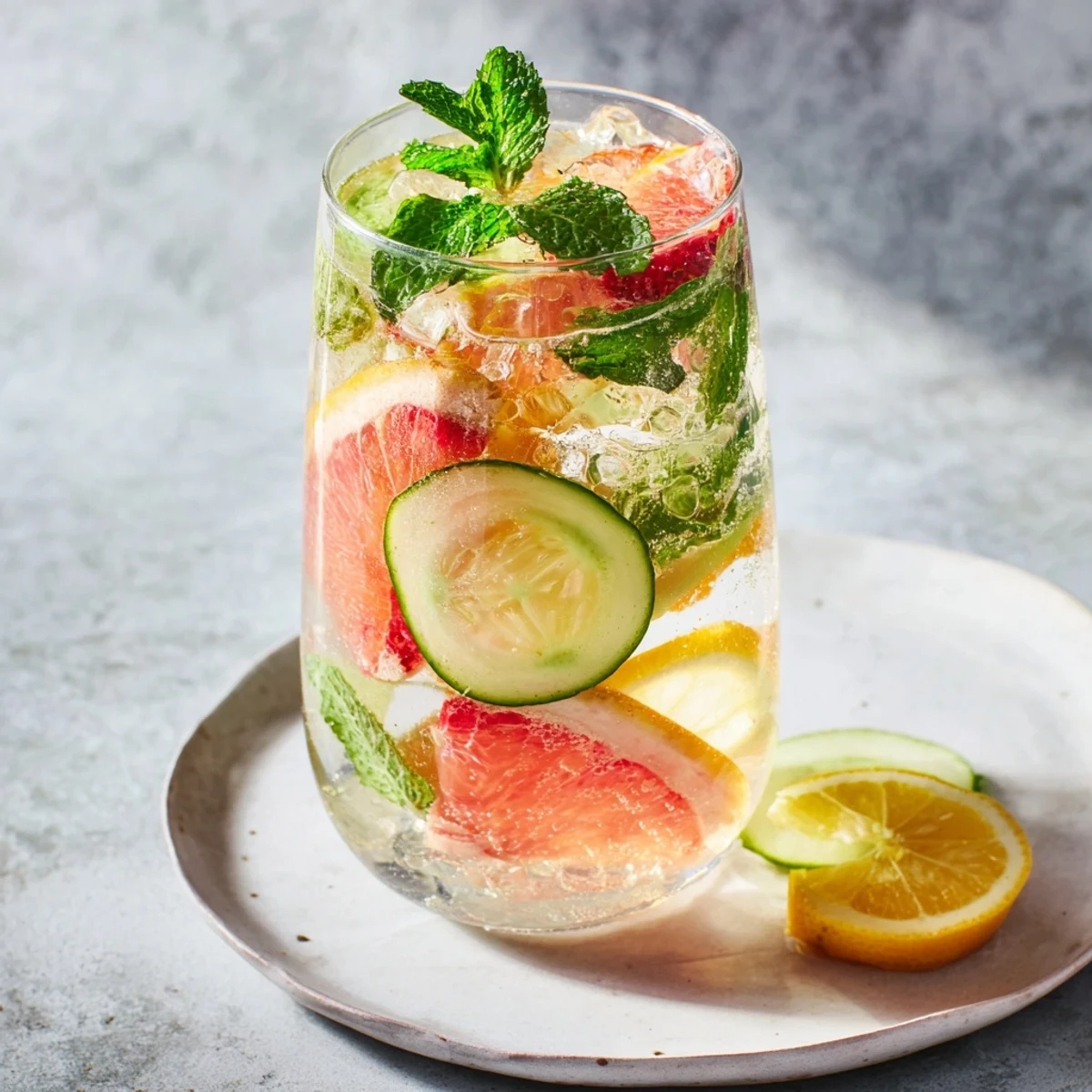 Refreshing water-based mocktails with fresh fruit and mint in vibrant glasses.  