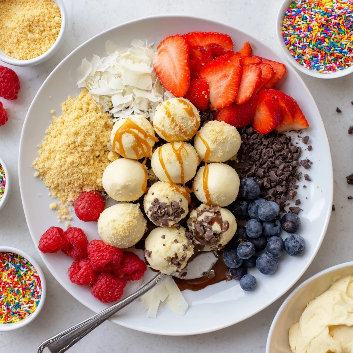 Delightful deconstructed dessert board showcasing creamy cheesecake bites and fresh toppings.  