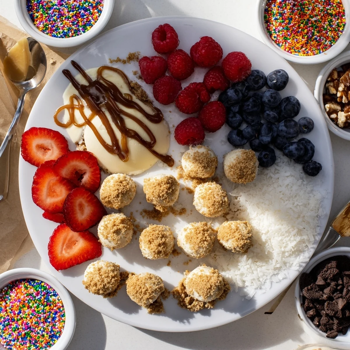 Interactive dessert board filled with luscious cheesecake bites and a variety of delicious toppings.