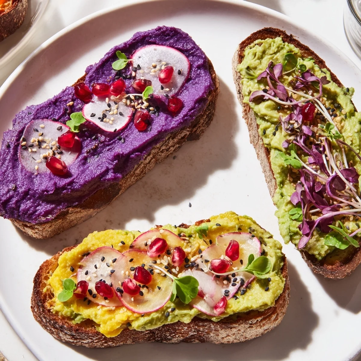 Lively breakfast toast loaded with ube spread, avocado, radishes, and pomegranate seeds for flavor.