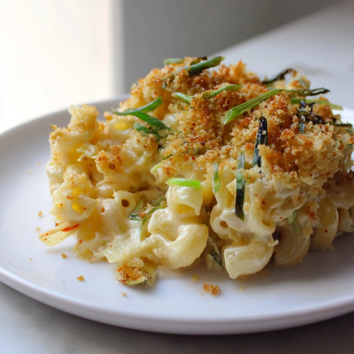 Creamy Spicy Kimchi Mac & Cheese topped with crunchy sesame and spring onions.  