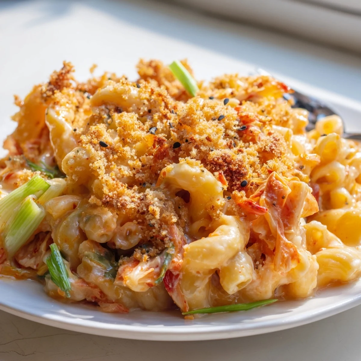 Baked Spicy Kimchi Mac & Cheese, golden brown and sprinkled with toasted sesame seeds.