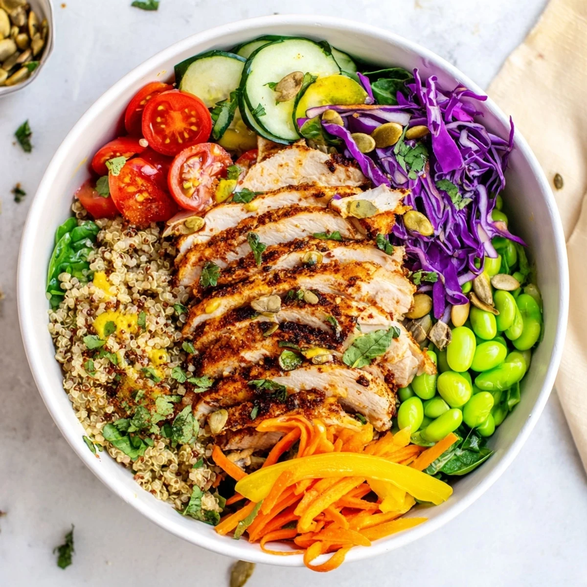 Colorful Healthy Meal-Prep Bowls with quinoa, chicken, and vibrant veggies for lunch.