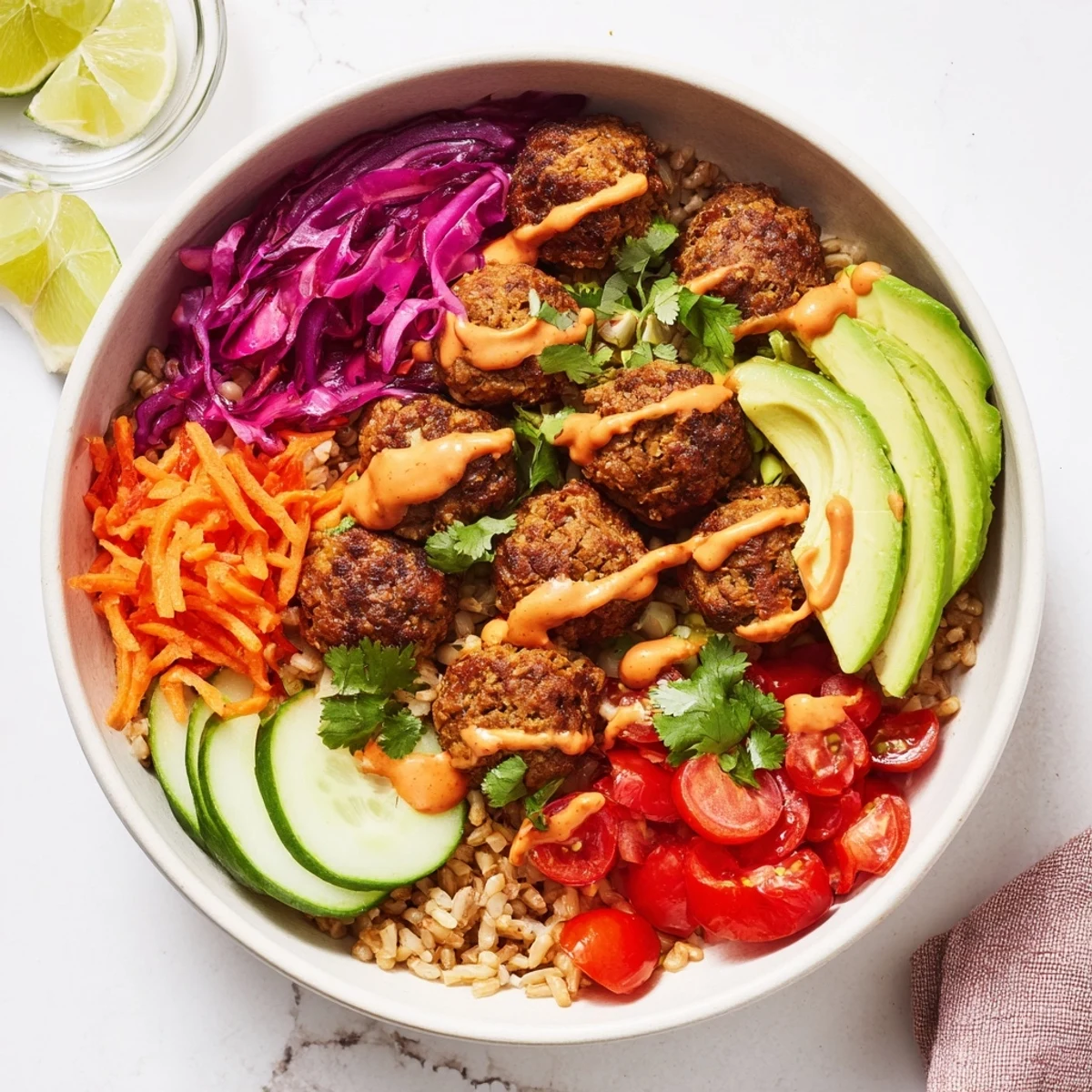 A colorful plant-based meat bowl topped with fresh vegetables and lime wedges.  