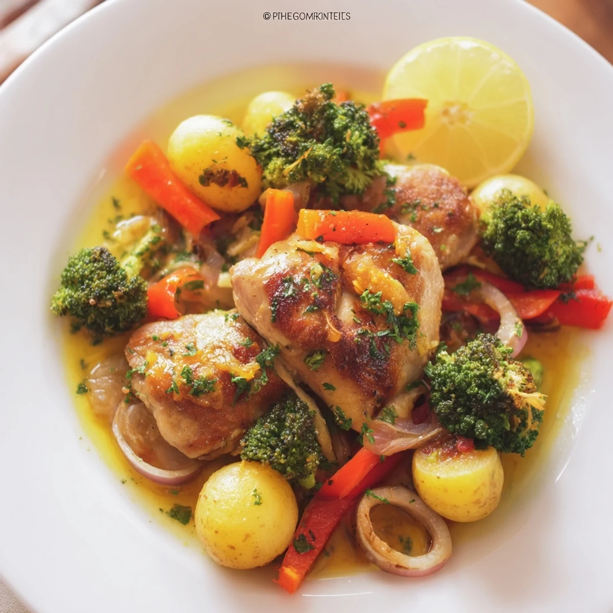 Aromatic Lazy Gourmet Chicken & Vegetable One-Pot ready to serve with fresh parsley garnish.  