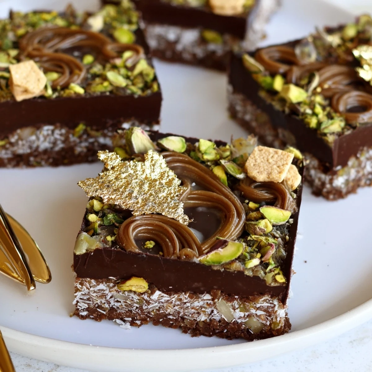 Decadent Chocolate Bar Inspired Creations topped with pistachios and rose petals.  