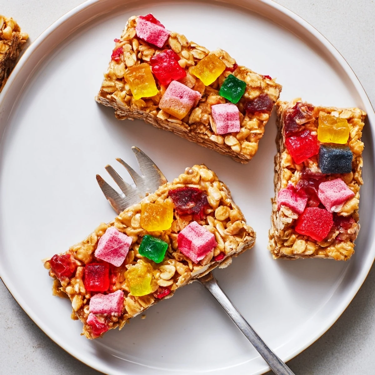 Chewy DIY snack bars topped with vibrant homemade gummies and freeze-dried fruit.