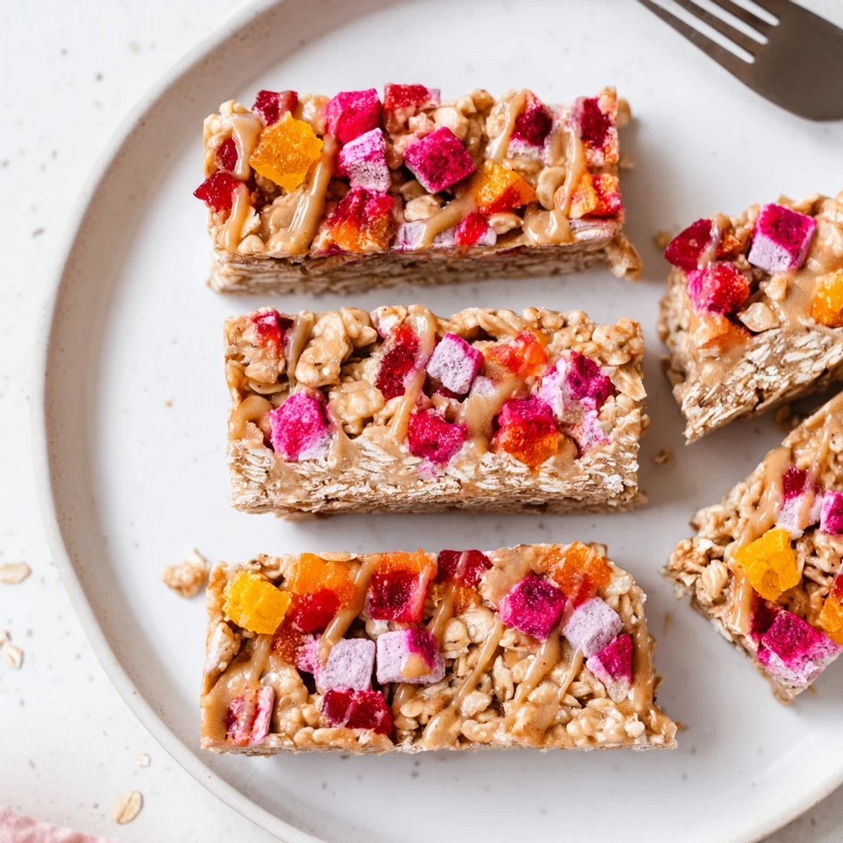 Colorful homemade gummies on a flavorful oat base create delightful DIY snack bars.