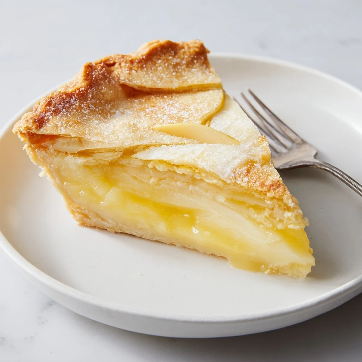 Creamy water pie in a flaky crust, drizzled with vanilla and butter.  