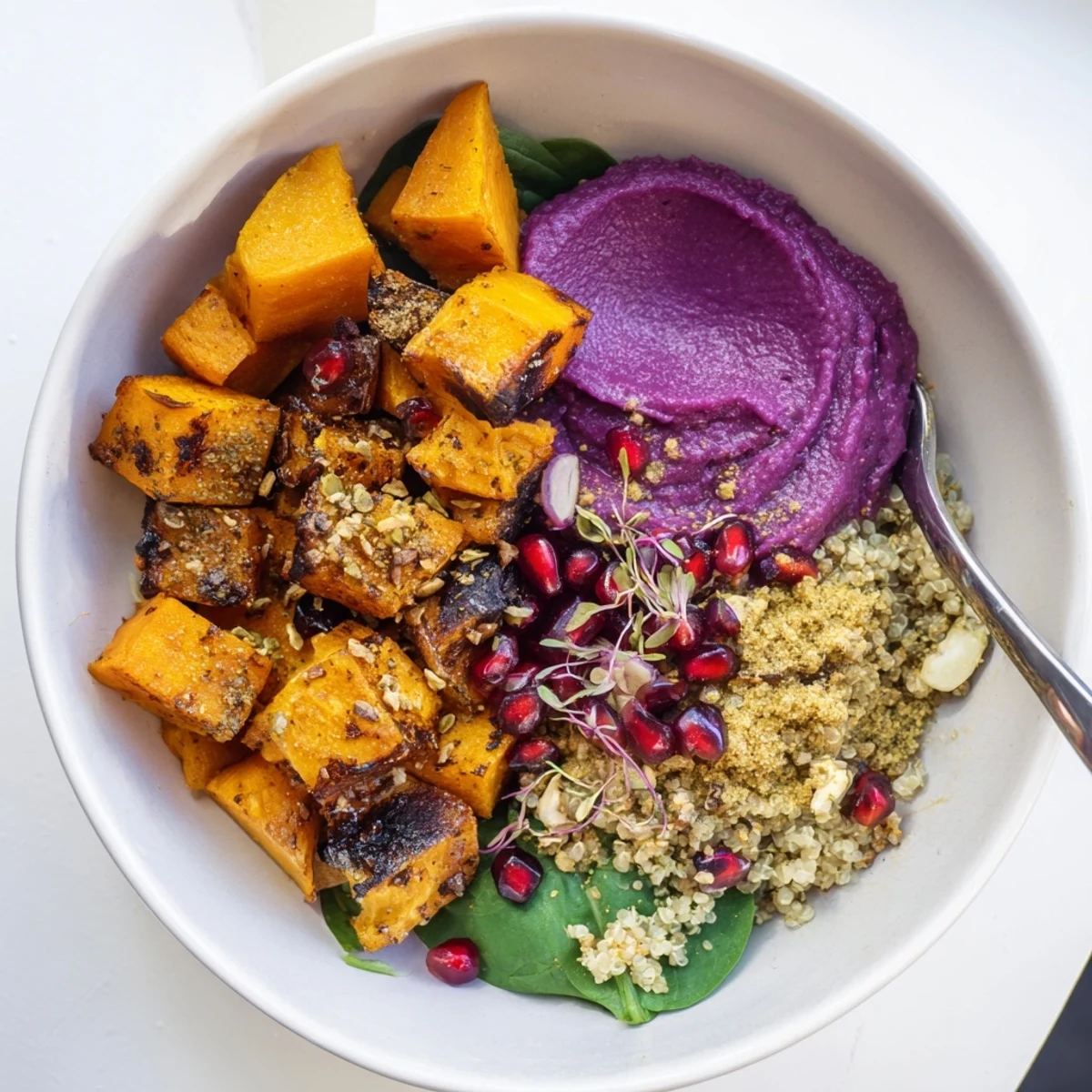 Cozy spiced winter bowls filled with roasted vegetables and ube-coconut purée.  