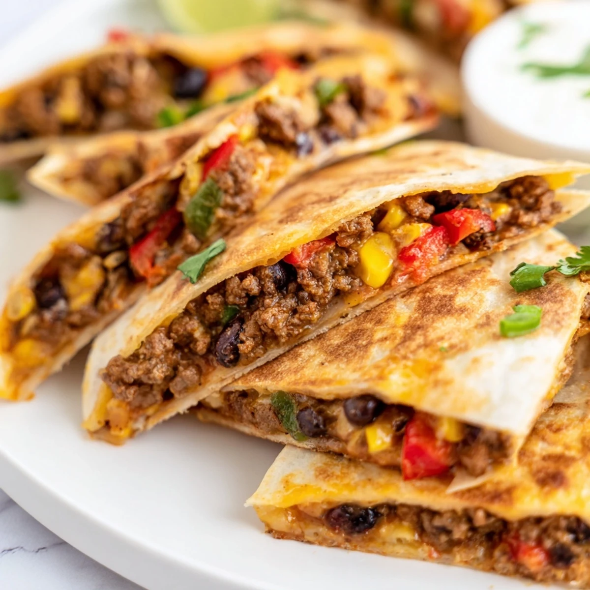 Crispy sheet pan quesadillas with beef, cheese, and vibrant veggies ready to serve.