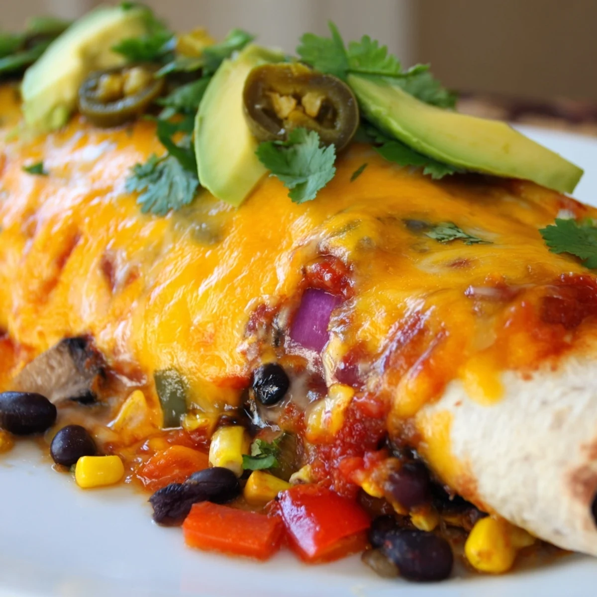 Vibrant Farmers Market Vegetarian Enchiladas topped with melted cheese and fresh herbs.  