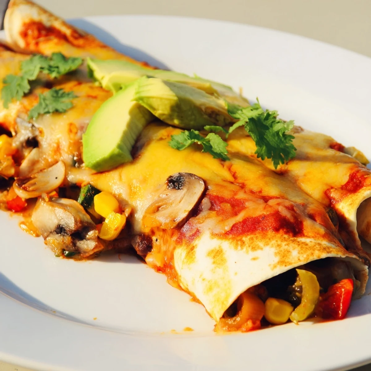 Colorful seasonal vegetables stuffed inside warm tortillas, ready for serving in enchilada sauce.  